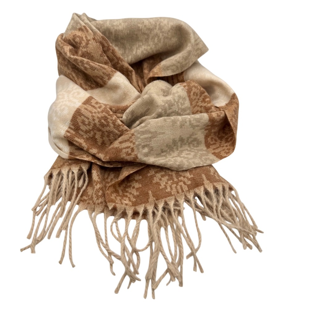 Cashmere Damask Floral Scarf Tan Cream Brown Striped Fringe Shawl Wrap Neutral